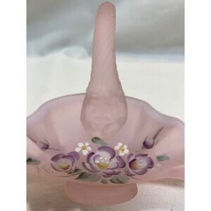 Fenton Hand Painted Pink Satin Glass Miniature Mini Basket Purplish Roses